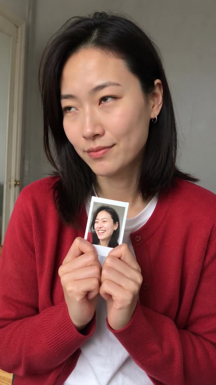Kariann holding a small printed portrait.